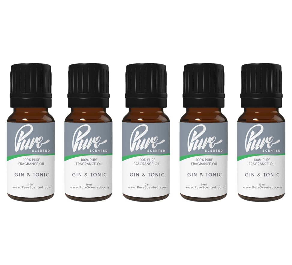 Pure Scented 50ml Fragrance Oils - 5 x 10ml Suitable for Candles, Soaps, Slime, Diffusers, Cosmetics, Wax Melts, Designer (5 x 10ml, Gin & Tonic)