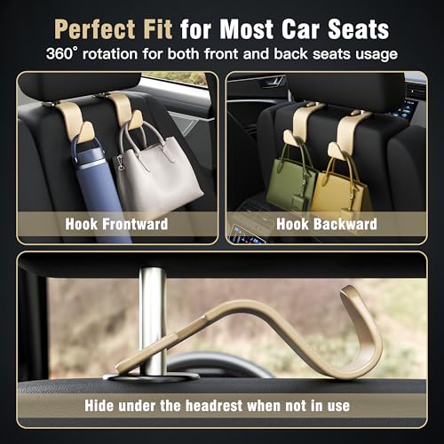 Image of 4-Pack Car Headrest Hooks Holds 55lbs Seat Storage Organizer for Bags | Durable ABS Material, 360 Rotating, Car Hanger for Backpack Umbrella Water Bottle Coat Purses Handbags Groceries, Beige