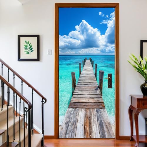 Film pour Porte 83 x 205 cm ponton en bois de la jetée de plage Papier Peint Porte Auto-Adhésif Décoratif bleu pour Salon Chambre Enfant Cuisine