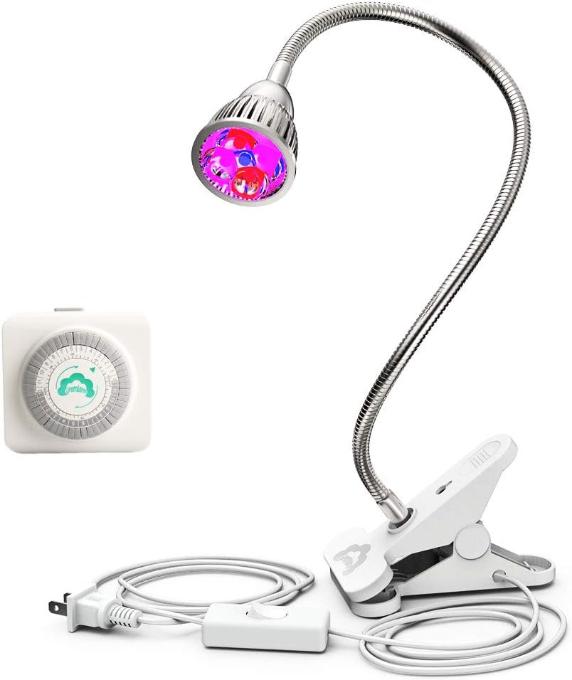 GreenLaren LED Grow Light with 24-Hour Mechanical Outlet Timer, 5W Plant Light with Spring Clamp and 360°Flexible Gooseneck Arm for Indoor Plant