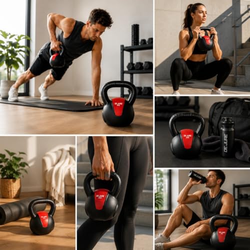 Image of De Jure Fitness PVC Kettlebell 3kg for Men & Women Strength & Cardio Training, Soft Grip, Crushed Concrete Filled, Full Body Workout Equipment for Home & Gym (Red Black)