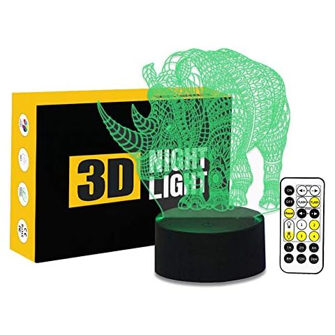 Cirkooh Cute Rhinos 3D Optical Illusion 7 Colors Change Timing Remote Control and Touch Button LED Night Light Cover
