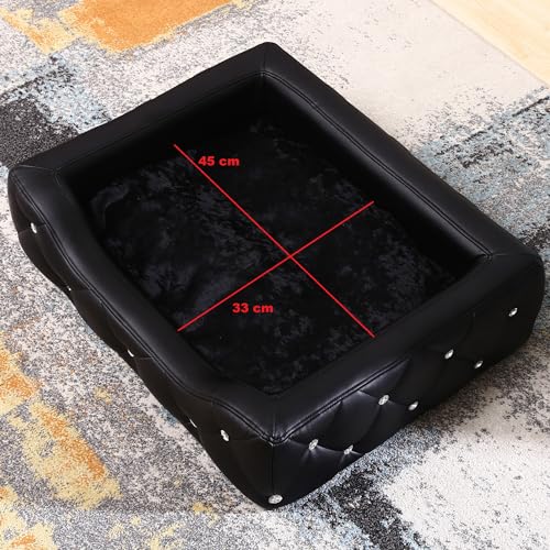 DaMi Luxus Hundebett I Premium Hundeschlafplatz mit großen Strasssteinen, Hundekissen Hundematratze Dogbed waschbar, Hundezubehör Hunde Dog Bett Matratze Körbchen, 18x58x46 cm Rechteckig Schwarz