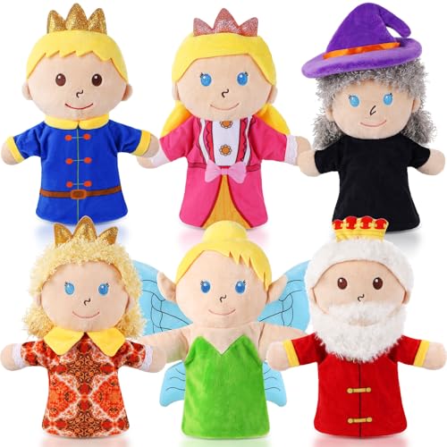 6 Pcs Castle Hand Puppets Fairy Tales Queen & King, Princess & Prince, Elf & Witch Plush Toys Role-Play Toy Puppets for Kids Storytelling Imaginative Pretend Play Teaching Preschool(6 Cartoon)