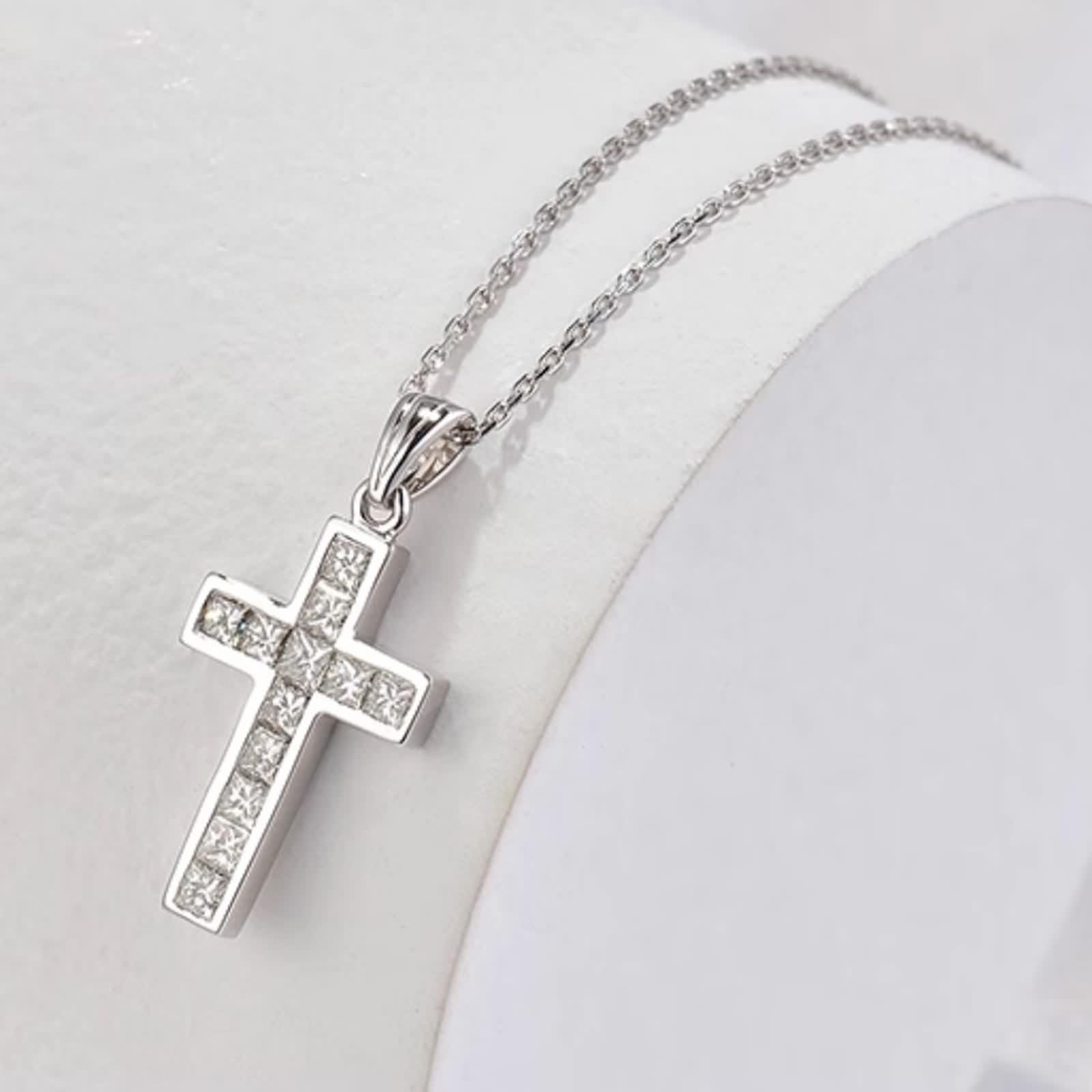 Collana lunga da donna con ciondolo a forma di croce, in oro bianco 9 K/14 K/18 carati