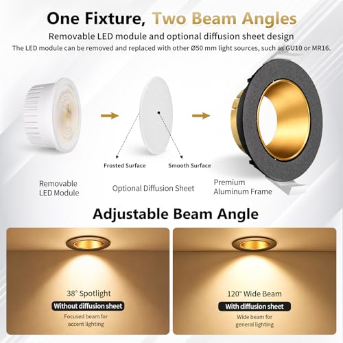 YindaLux Reflektor LED wpuszczany ekstra płaski 5 W reflektor łazienkowy IP44 Regulowany reflektor LED Możliwość ściemniania 3000K 4000K 6500K 220 V, otwór Ø75-80 mm, zestaw 6 sztuk, matowe czarne