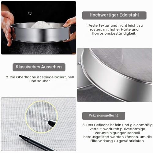 Foto von TANCUDER Mehlsieb Edelstahlsieb Feinmaschig Fein Küchensieb 304 Edelstahl Sieb Edelstahl Fein Mehl Sieben für Mehl, Reis, Getreide, Bohnen, Obst und Gemüse (Silber)