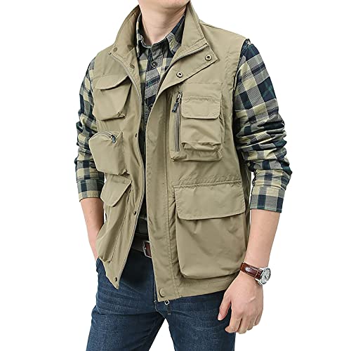Kiaykl Men's Fishing Vest Casual Outdoor Multifunctional Mesh Photographer Jacket 8 Pockets Breathable Quick Dry Coat(Khaki Us Large) #TOP1