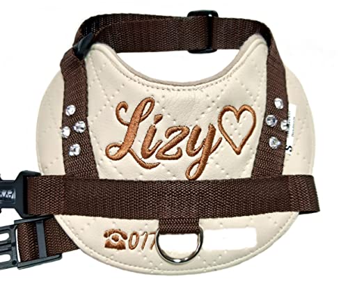 Hundegeschirr S M L XL XXL mit Wunsch Namen bestickt Kunstleder Cream Braun für kleine mittelgroße und große Hunde