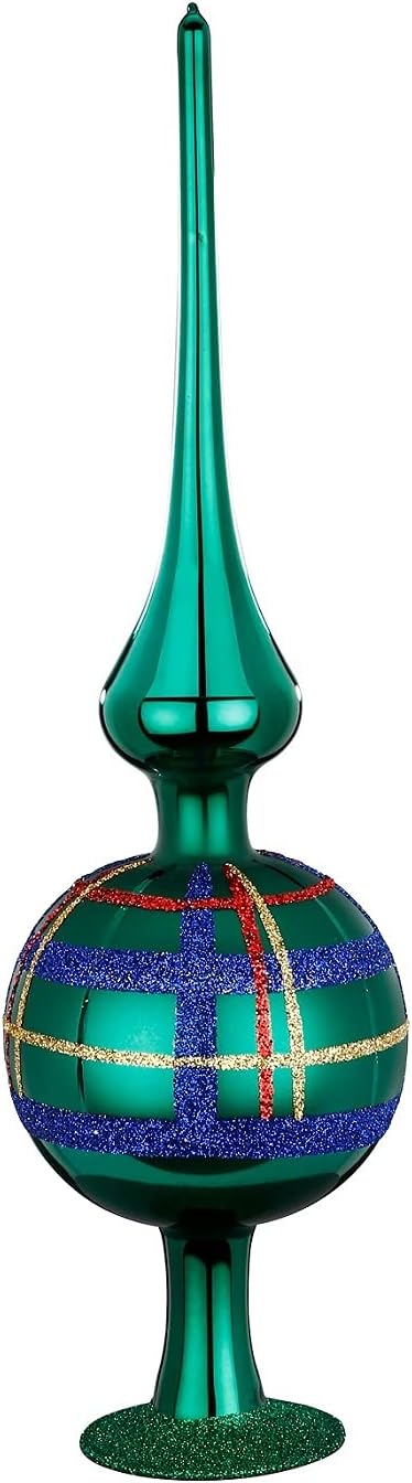 Squared Forest Green Shiny German Glass Finial Tree Topper 9.9 Inches