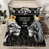 3D Lion Couple Fitted Sheet Queen Size,Golden Glitter King and Queen Crown Bedding Set for Kids Girls Women Men Room Decor,African Wild Animals Bed Sheet Valentine's Day Deep Pocket Sheet,Black