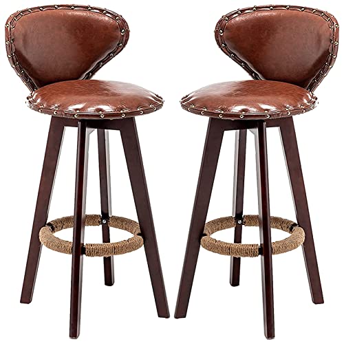 2 taburetes de bar giratorios de madera maciza retro con ribete de clavos de latón y reposapiés de cuerda de cáñamo, ideales para cocina y comedor