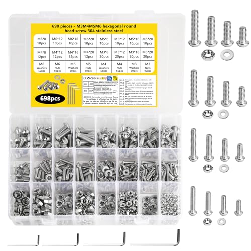 698 Pcs M3 M4 M5 M6 Bolts and Nuts Set, Mixed Assorted Nuts and Bolts Set, Stainless Steel Hex Socket Button Head Cap Screws and Washers, Pan Allen Button Head Machine Screws, Nut and Bolt Sets