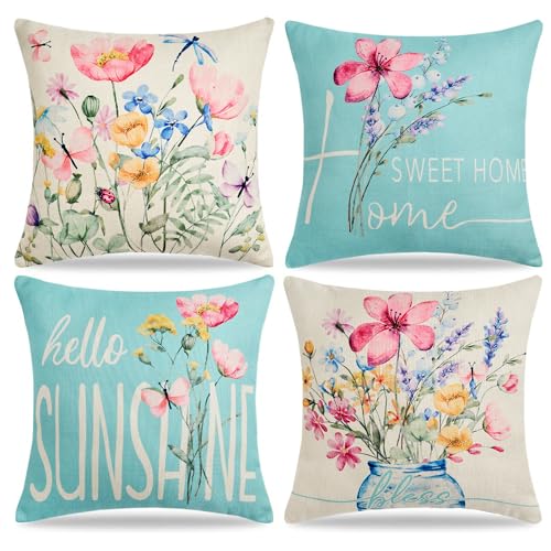 Voreppy Cushion Covers 45 x 45 cm Floral Waterproof Linen Blue Outdoor Pink Floral Green Leaves Decorative Pillow Covers for Garden Sofa Couch Bed Home Decor Set of 4