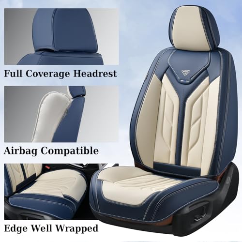 Image of Coverado Car Seat Covers Full Set, Leather Seat Covers for Cars, Automotive Seat Covers Car Seat Protectors Car Accessories Universal Fit for Most Sedans SUV Pick-up Truck(Blue&Beige)