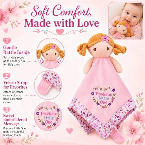 Image of June Garden Lily Baby Lovey Blanket for Girls, 15 x 15 in Soft Security Blanket with Toy Attachment Strap