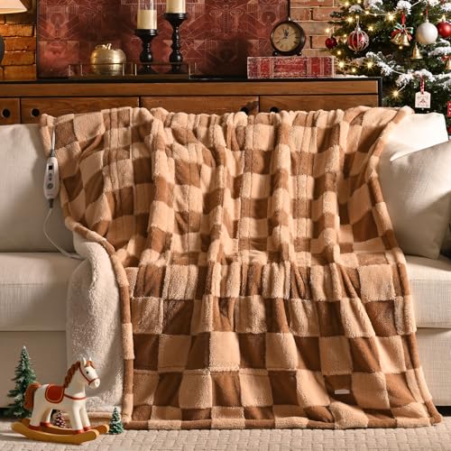 Image of Bearhug Heated Blanket Throw 50 inch x 60 inch Electric Blanket, Reversible Brown Plaid Sherpa Heating Blanket, 6-Heat Levels & 4H Auto Off, ETL, Machine Washable