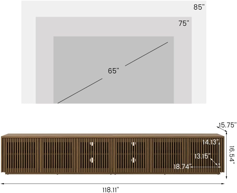POVISON Full Assembled Mid Century Modern TV Stand, 118” Extra-Large Entertainment Center for 100 inch TV, Wood Slatted TV Media Console with Storage for Living Room Bedroom