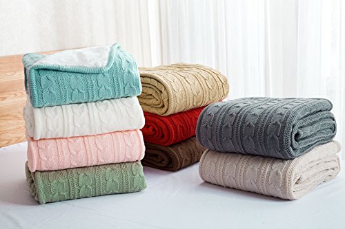 Home-Organizer Tech 100-Percent Cotton Cable Knitted Woven Soft Throw Sofa/Bedding/Couch Cover Twist Pattern Blanket With Sherpa Lining For All Season (47" By 70", Beige) #TOP5