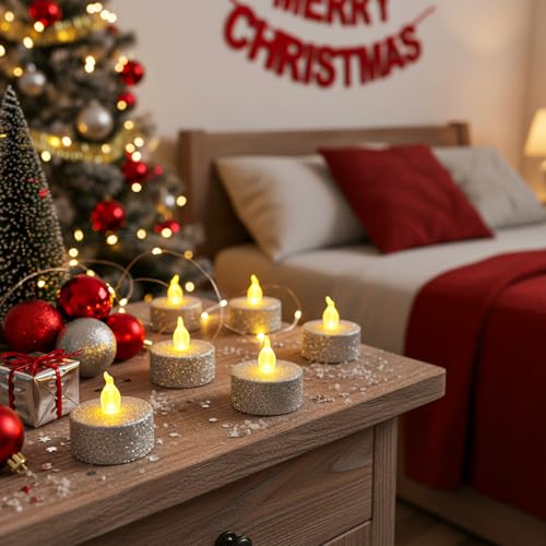 Image of 12PCS Glitter Tea Lights Candles with 6 Hours Timer,LED Votive Candle Battery Operated Warm White Flickering for Valentine's Day Anniversary Decor,Christmas Wedding(Silver)