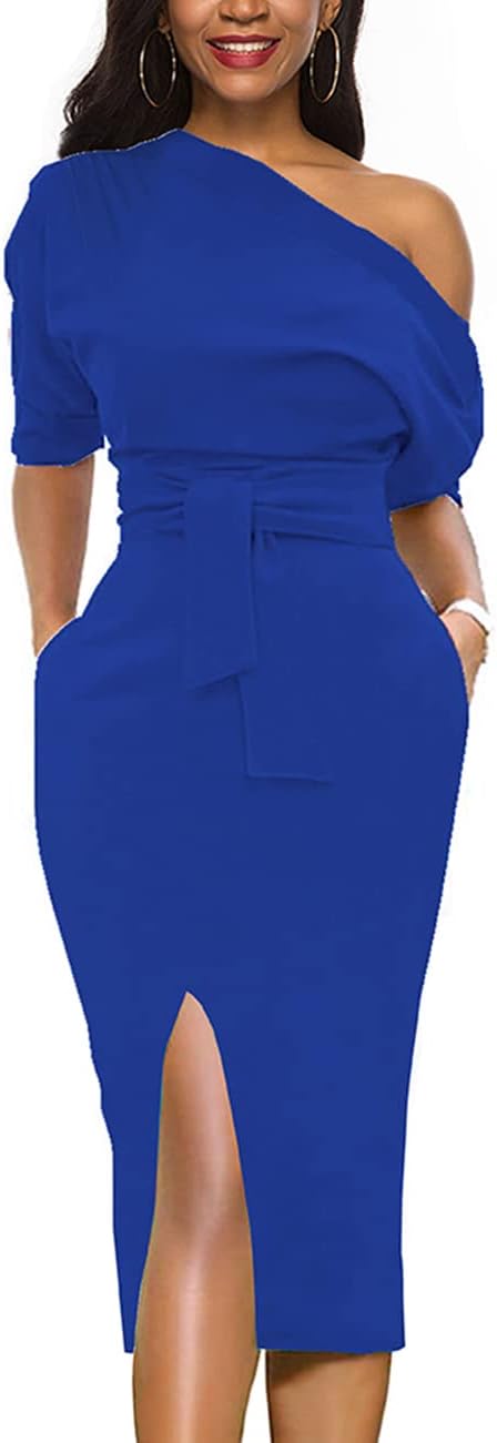 Womens Classy Off Shoulder Short Sleeve Belted Side Slit Midi Pencil Dress with Pockets
