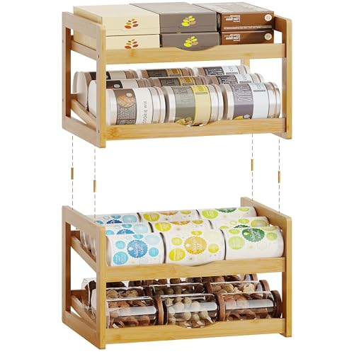 BAMBANG Can Organizer for Pantry, 4 Tier Stackable Bamboo Canned Food Storage Rack, Rolling Soda Can...