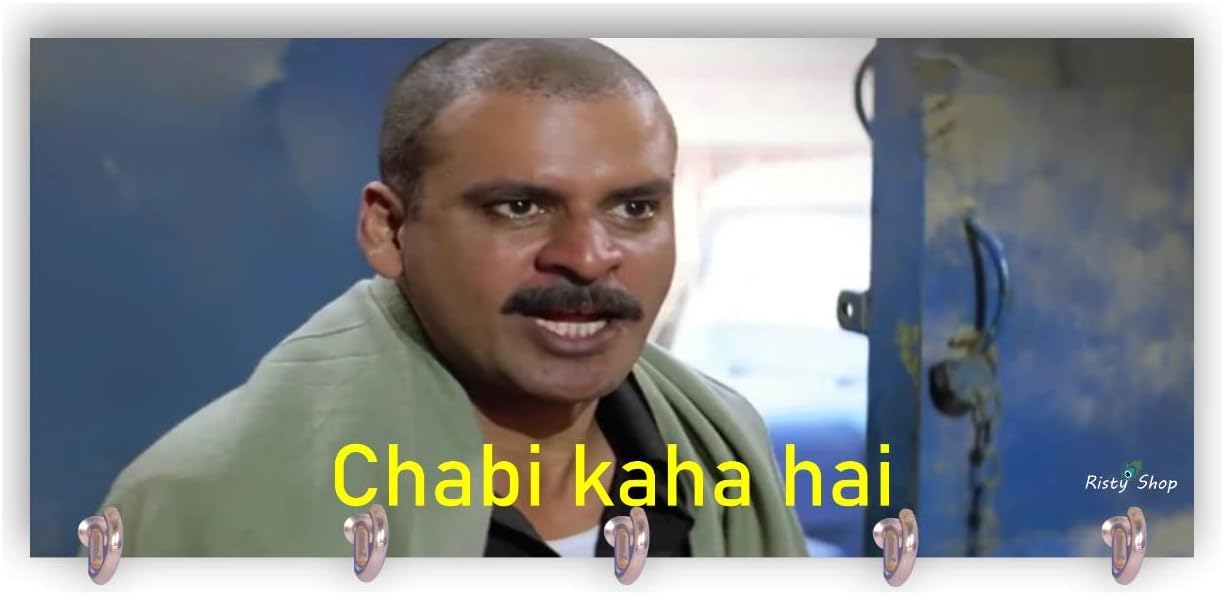 Home Chabi Kaha hai (Gangs of wasseypur) Wooden Key/Utensil Holder/Wall Hook/Mounted Key Chain for Home,Office,Gift with Designer Look, Strong Back with Two Screw Holder with 5 Hooks.