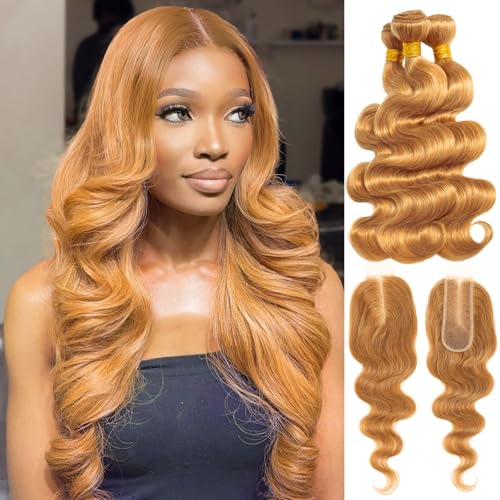 ALHER Color 27 Honey Blonde Bundles with 2x6 HD Lace Closure Body Wave, Sun-kissed Vibe Golden Blonde 3 Bundles with 2x6 Long Deep Part Closure With Baby Hair, 100% Real Human Hair 14 16 18+14 Inch