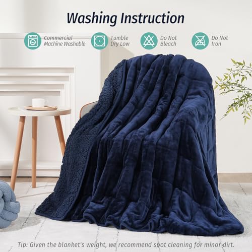 Wemore Sherpa Fleece Weighted Blanket for Adult, 15 lbs Dual Sided Cozy Fluffy Heavy Blanket, Ultra Fuzzy Throw Blanket with Soft Plush Flannel Top, 80 x 87 inches, Navy Blue on Both Sides