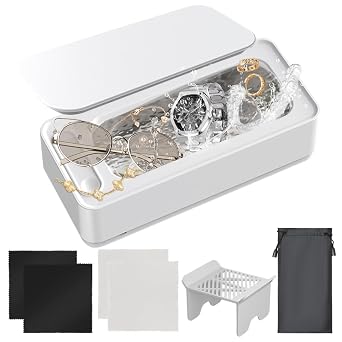 Ultrasonic Jewelry Cleaner, 304 Stainless Steel Eyeglasses Cleaning Device, 45000Hz Portable Design with One Key Start, Ultrasonic Retainer for Rings and Jewelry, Anti Slip Base Included