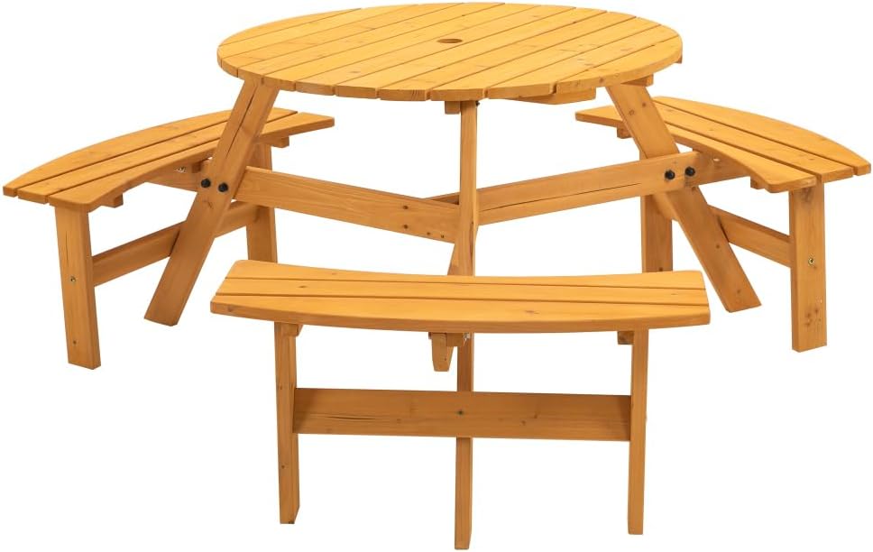 6-Person Circular Outdoor Wooden Picnic Table for Patio, Backyard, Garden, DIY w/ 3 Built-in Benches, 1720lb Capacity - Natural (6-Person Wooden Round Table Natural)