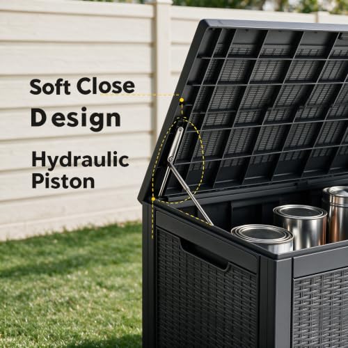 Image of 130 Gallon Deck Box,Lockable Outdoor Storage Box Gas Lift,Waterproof,Black | Package delivery box for outside, outdoor bench with lid, holds patio cushions, gardening tools, dock storage for patio