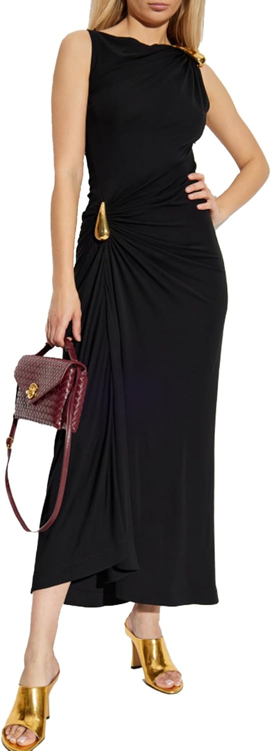 Women‘s Ruched Bodycon Dress Casual Sleeveless Club Elegant Party Cocktail Maxi Evening Dresses with Buckle Detail