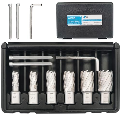 Image of Techhyren 6pcs Annular Cutter Set, Cutting Depth 1" Cutting Diameter 7/16" to 1-1/16", M2 HSS Mag Drill Bits for Magnetic Drill Press, Steel, Aluminum, Copper, with 2 Pilot Pin & 1 Hex Wrench
