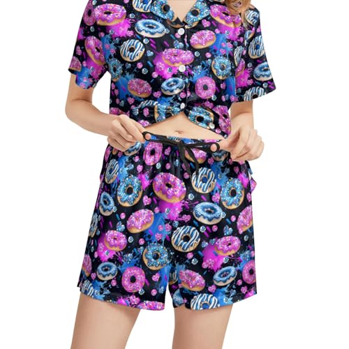 Image of Funny Satin Pajamas Set for Women Button Down Sleepwear Print Pjs Set 2 Piece Short Sleeve Loungewear Gift for Women