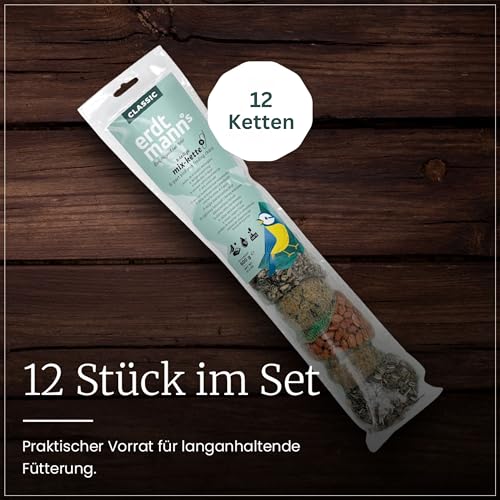 Erdtmanns 12 Mixketten für Wildvögel – je 8-teilig mit Meisenknödeln, Erdnüssen & Sonnenblumenkernen – energiereiches Vogelfutter für Garten & Balkon – Ganzjahresfutter zum Aufhängen