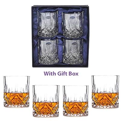 Amlong Crystal Lead Free Double Old Fashioned Crystal Whiskey Glass - Classic Stylish Design – Perfect for Scotch, Bourbon, Cognac and Cocktail Glasses, 9 Ounce, Set of 4 With Gift Box