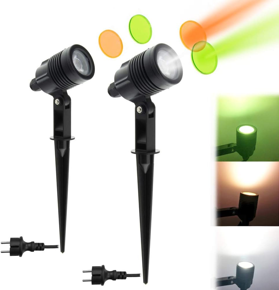 BarcelonaLED Pack 2 Focos Proyectores LED con Estaca Exterior para Jardín, Terraza, Patio, Césped Impermeables IP65 3W 220V Blanco Neutro 4000ºk con Dos Cristales Tintados con Enchufe y Pincho
