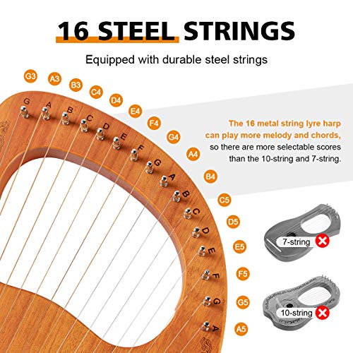 Topnaca Lyre Harp, 16 snaren, massief, mahonieharp met draagtas, extra snaren, stemsleutel, reinigingsdoek, plectrums - Image 4
