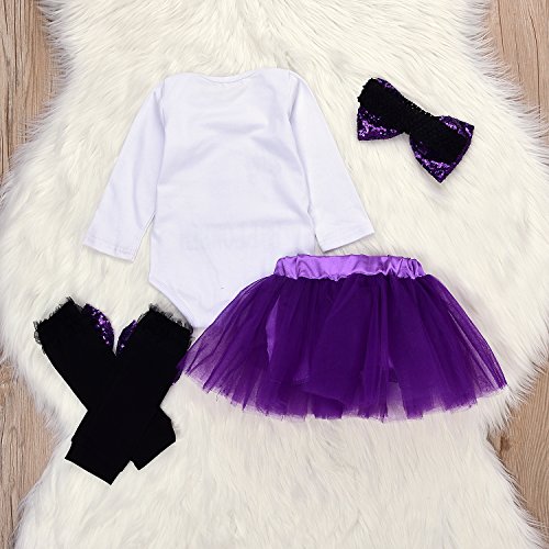 4Pcs Baby Girls My 1St Halloween Sequins Romper+Chiffon Tutu Skirt+Bowknot Leggings+Bunny Headband Outfit Set (Purple, 0-6M) #TOP3