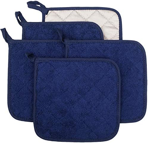 Lifaith 100% Cotton Kitchen Everyday Basic Terry Pot Holder Heat Resistant Coaster Potholder for Cooking and Baking Set of 5 Dark Blue
