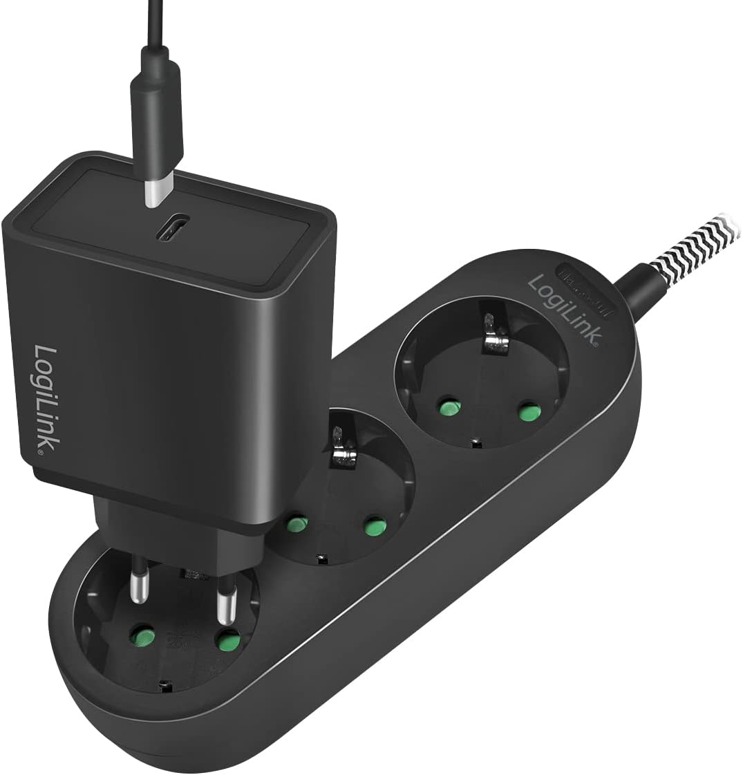 LogiLink LPS261 Socket Strip 3 x CEE 7/3 with Practical Folding Handle and Textile Cable 1.5 m