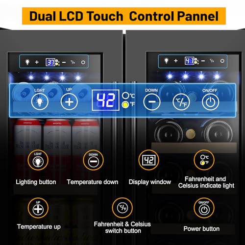 Image of Wine and Beverage Refrigerator, 24 Inch Beverage Cooler Dual Zone with Glass Door, Under Counter Beverage Fridge with Upgraded 60 Cans 20 Bottles Large Capacity, Black