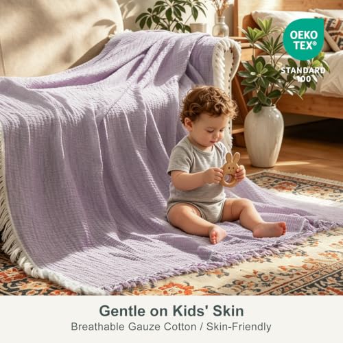 Image of EMME Muslin Queen Blanket with Tassels, 100% Cotton Gauze, Purple, 80 inchx90 inch | Soft Breathable Gauze Throw, Lightweight, Cozy for Adults Couch Sofa Bed, Gifts for Women Mom, Boho Home Decor, All Season