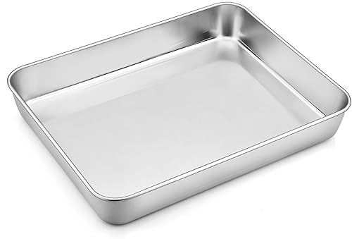 Miniatura 8 de P&P CHEF Bandeja rectangular de acero inoxidable de 12.3 pulgadas para carnes de brownie y lasaña, bandeja de galletas que cabe en horno tostador,