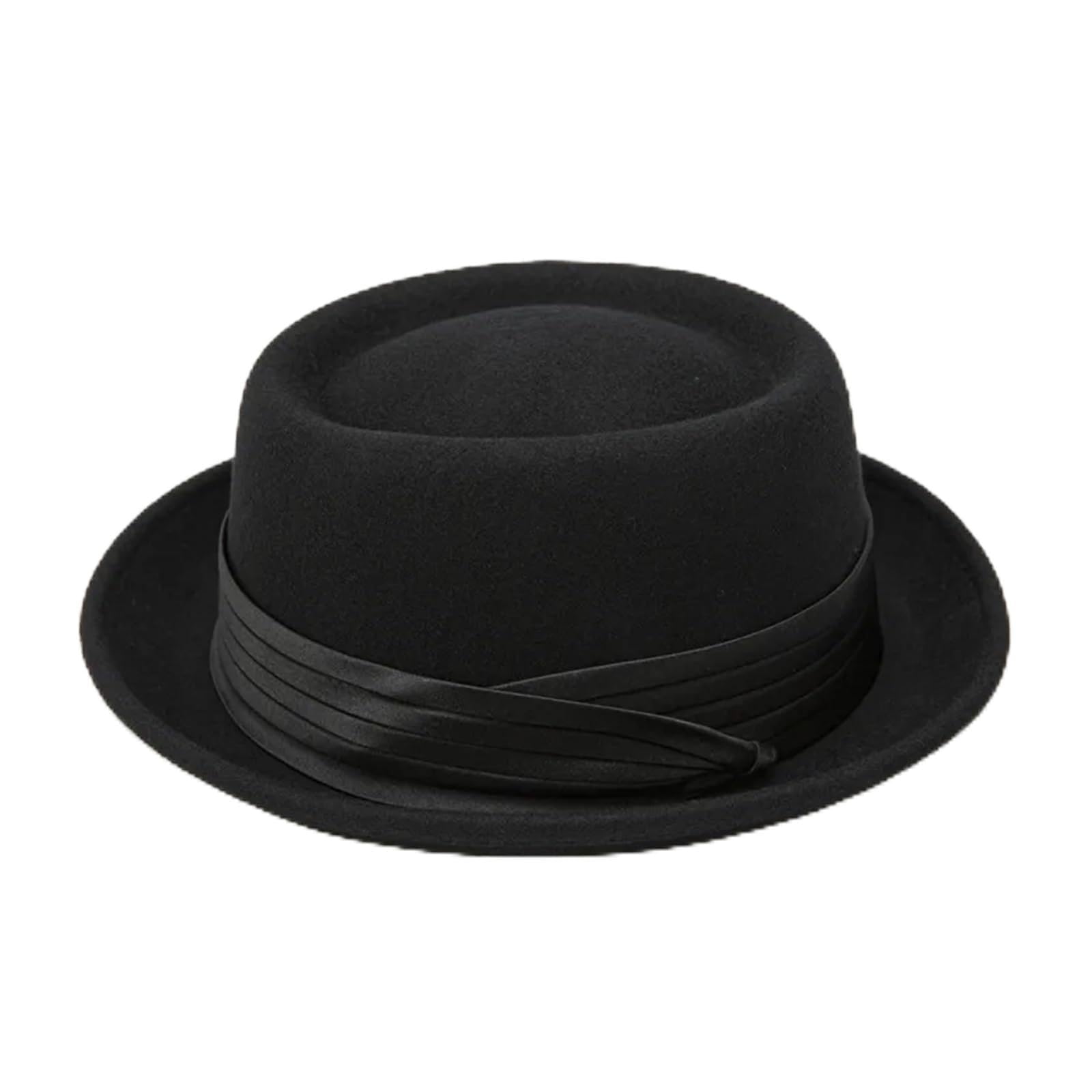 Sombrero Pork Pie de ala enrollada negro for hombre, sombrero Fedora lana blanca, gorra jazz invierno, caballeros Parte Superior Plana(Black,M 56 to 58cm)