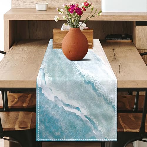 Coastal Table Runner Beach Coffee Table Runner Linen Farmhouse Dress Scarves Teal Blue Tablerunner for Kitchen Dinner Ocean Nautical Decor (13" x 71", Coastal) by Butaluk - Used condition - Image 2