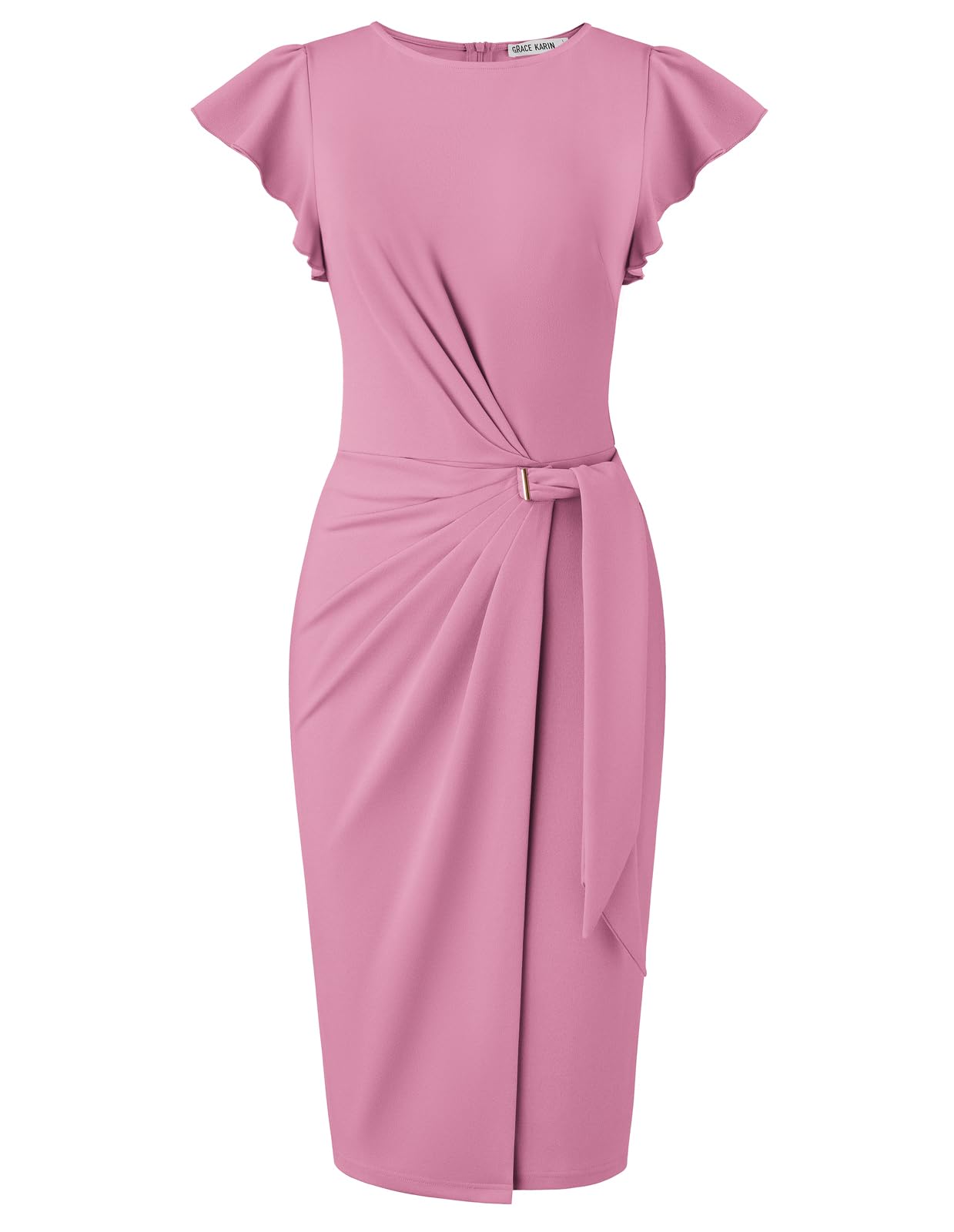 GRACE KARIN Kleider Damen Elegant Rundhals Rüschenärmel Bodycon Wickelkleid | Etuikleid Einfarbig|Business Outfit|Knielang|Hochelastisch|Freizeitkleid|Hochzeitsgast|Festliche|Prom Party Kleider