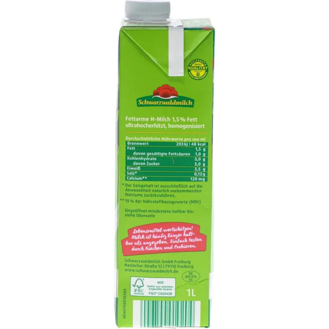 Schwarzwaldmilch Milch fettarme H-Milch, 1,5% Fett Haltbare Milch, Weidemilch, je 1 Liter, 60 Stück+ pufai