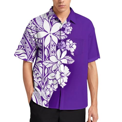 Men's Polynesian Tribal Print Cuban Collar Shirt Short Sleeve Button Down Beach Hawaiian Shirts with Pocket